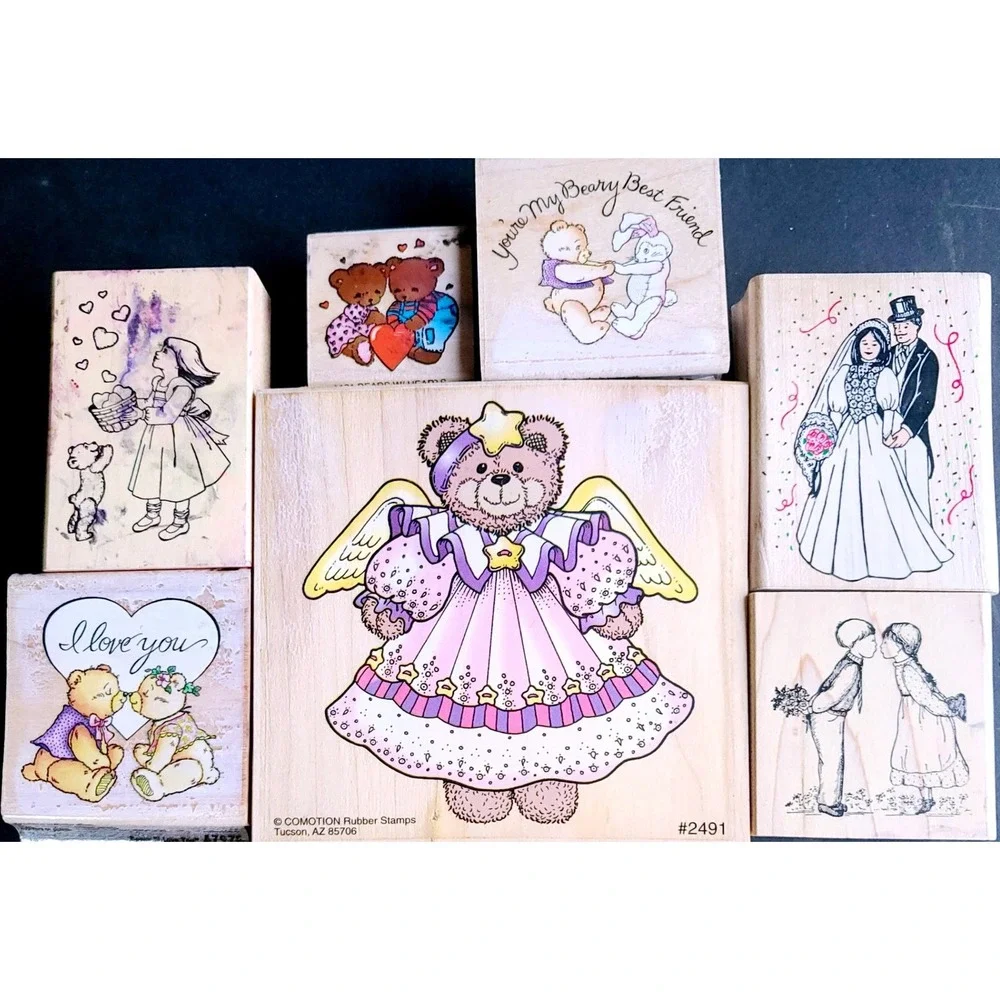Vintage Wood Rubber Stamp Lot Love‎ Teddy Bears Angel Get Well Wedding 13pc Set